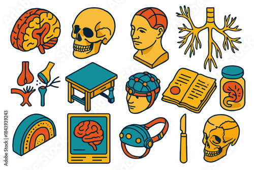 Vintage Neurology Icons. Isometric vector illustration set Vintage Neurology: brain hemisphere cross-section, aged skull anatomy,