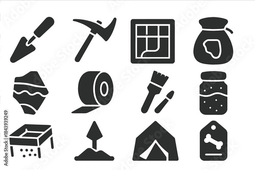 Archaeological Tools Icons. Solid style icons of Archaeological dig: trowel, pickaxe, trench grid, artifact bag, pottery shard,