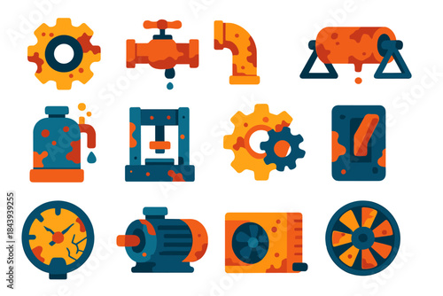 Forgotten Machinery Icons. Flat vector icons of Forgotten Machinery: old gear, leaking valve, rusted pipe, conveyor roller,