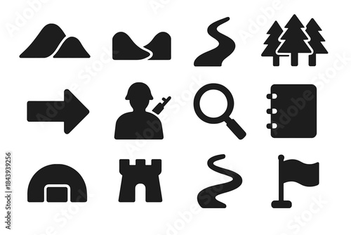 Military Terrain Icons. Solid style icons of military use of terrain: hill, valley, river, forest, arrow, soldier silhouette,