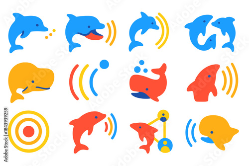 Marine Mammal Icons. Flat vector icons of marine mammal communication: dolphin click, whale song, echolocation pulse, pod