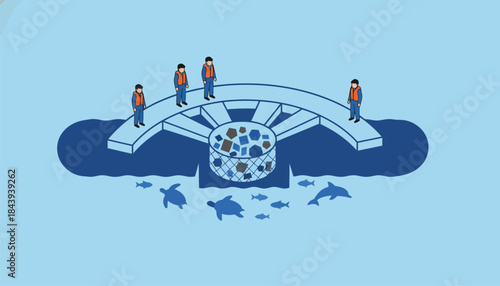 A dedicated team operating a floating barrier designed to collect debris while allowing marine life to swim freely.