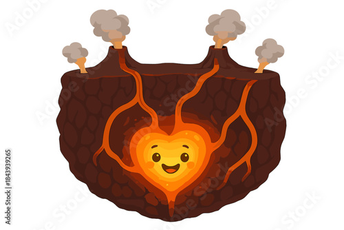 Heart of Magma. Underground magma chamber illustrated as a glowing smiling heart with tunnels leading to surface vents No text, No
