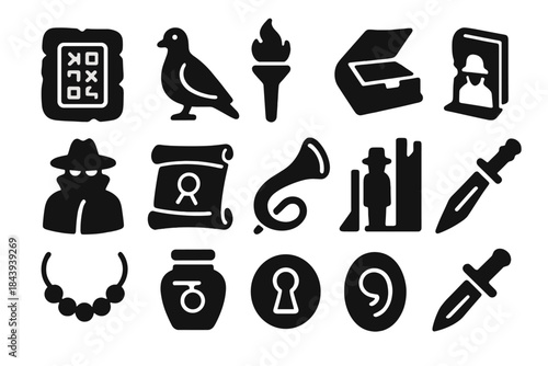 Ancient Espionage Icons. Solid style icons of Ancient espionage: coded tablet, messenger pigeon, signal torch, hidden compartment,