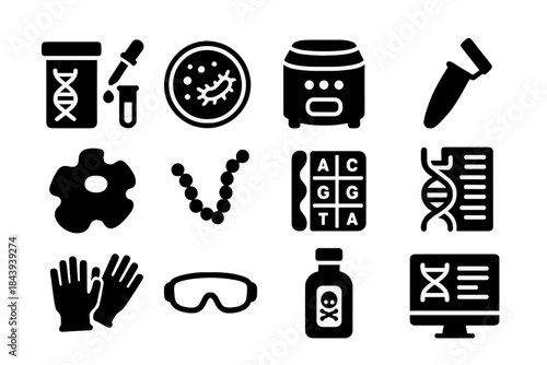 Biotech Research Icons. Solid style icons of biotechnology research: DNA extraction kit, bacterial culture plate, centrifuge