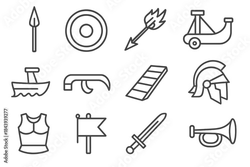 Naval Warfare Icons. Line style icons of naval warfare: spear, shield, flaming arrow, catapult; warship prow, ram, boarding plank,