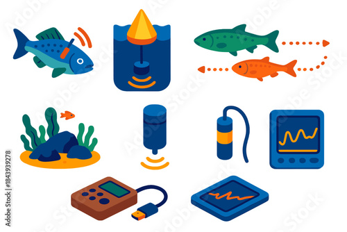 Marine Acoustic Tracking Icons. Isometric vector illustration set Acoustic telemetry: marine fish with sound tags, tracking buoys,