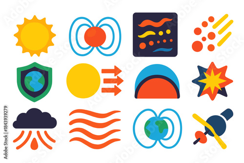 Space Weather Icons. Flat vector icons of space weather: solar disk, magnetic field lines, radiation wave, charged particles,