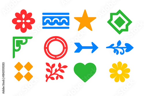 Bright Ornament Icons. Flat vector icons of Letterpress Ornaments: floral ornament, border strip, star ornament, geometric