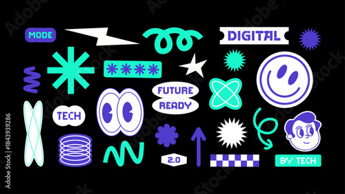 Modern futuristic stickers with tech phrases, perfect for SaaS, fintech, IT platforms and innovation projects.