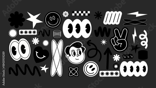 Futuristic Y2K black and white icons and stickers without text for, apps, websites, presentations and tech design. Patches, labels, tags, stickers, and bracelet stamps with a retro vibe.
