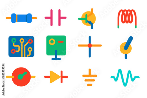 Amplifier Circuit Icons. Flat vector icons of Amplifier Circuits: resistor, capacitor, transistor, inductor coil, printed circuit