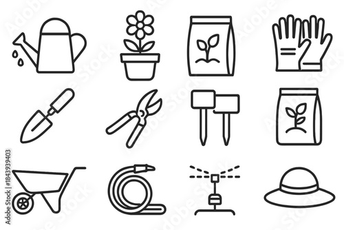Home Gardening Icons. Line style icons of Home Gardening: Watering Can, Flower Pot, Seed Packet, Garden Gloves; Trowel, Pruning