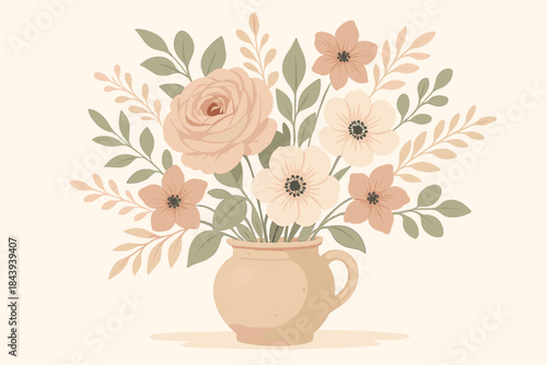 Romantic Floral Arrangement. Elegant floral arrangement in a rustic ceramic vase, soft pastel tones, natural light, vector