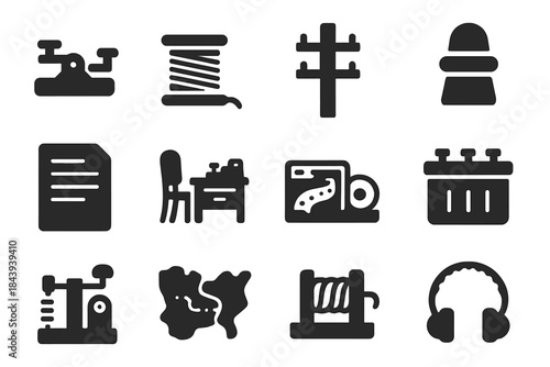 Telegraph Era Icons. Solid style icons of Telegraph Era: Clicker, Wire Spool, Wooden Pole, Insulator, Message Slip, Operator Desk,