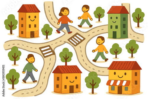 Friendly City Map. Playful city map with smiling streets, friendly crosswalks, and people strolling beside happy buildings No text