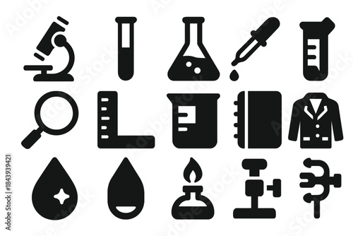 Laboratory Tools Icons. Solid style icons of laboratory tools and experiments: microscope, test tube, flask, pipette, magnifying