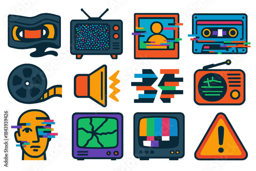 Distorted Media Icons. Flat vector icons of Distorted Media: warped VHS tape, static-filled TV, glitched photograph, corrupted