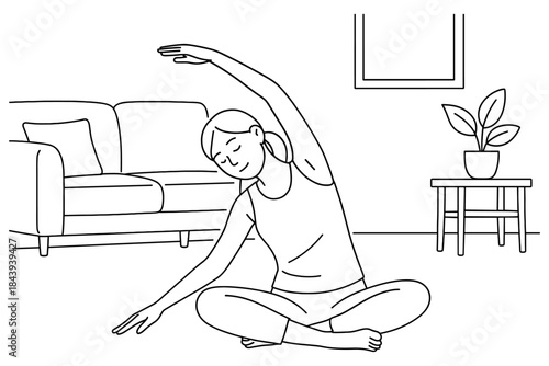 Relaxing yoga pose in a cozy home environment simple line art