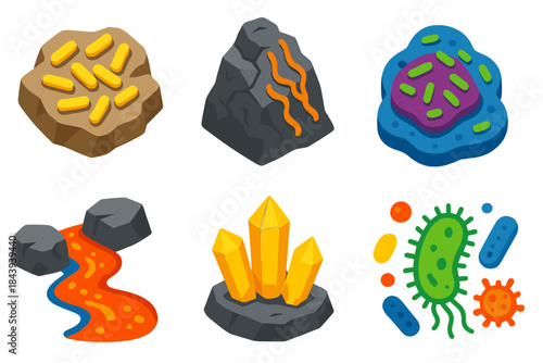 Geomicrobiology Isometric Illustration. Isometric vector illustration set Geomicrobiology: bacterial colonies on mineral surfaces,