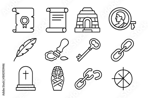 Historical Mystery Icons. Line style icons of Historical Mystery: Broken Seal, Imperial Decree, Ancient Tomb, Lost Lineage; Scroll