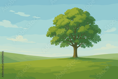 Tranquil Meadow Tree. Scenic shot of a single tree standing in an expansive green meadow under a soft blue sky, serene and
