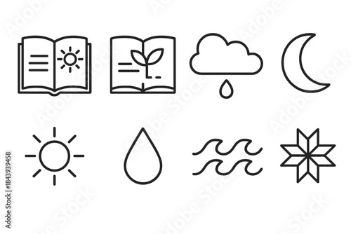 Line Style Icons. Line style icons of Agrarian Knowledge: Weather Forecast, Planting Schedule, Tide Chart, Folkloric Wisdom; Sun,