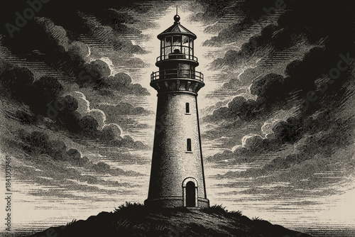 Moody Lighthouse Scene. Atmospheric black-and-white vector illustration shot of a tall lighthouse against a cloudy sky, moody and
