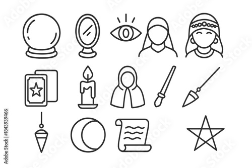 Occult Instrument Icons. Line style icons of Occult Instruments: Crystal Ball, Black Reflector, Vision, Fortune Teller; Tarot Deck