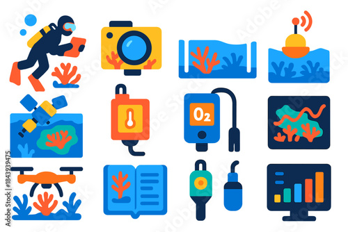 Coral Reef Monitoring Icons. Flat vector icons of coral reef monitoring: scuba diver with tablet, underwater camera, reef survey