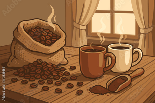 Cozy Coffee Ritual. Rustic kitchen table filled with vector illustration freshly ground coffee beans and steaming mugs, soft