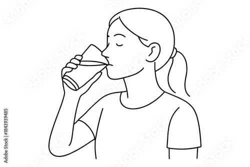 Line art of woman drinking water with ponytail hairstyle in minimalist style