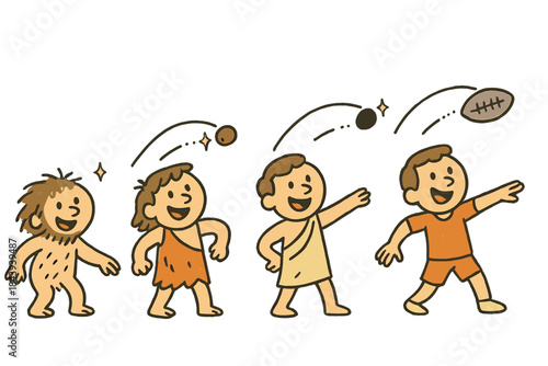 Cheerful Evolution of Throwing. Cute doodle evolution of throwing scene with cheerful humans through time, cartoon projectiles