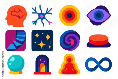 Consciousness Exploration Icons. Flat vector icons of Consciousness Exploration: brain silhouette, neuron spark, cosmic eye,