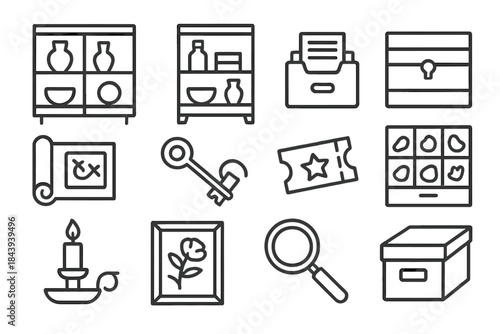 Museum Collection Icons. Line style icons of museum collections: glass cabinet, display shelf, catalog card, wooden case; rolled