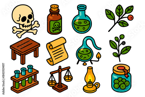 Vintage Toxicology Icons. Isometric vector illustration set Vintage Toxicology: skull and crossbones image, poison vial with cork,