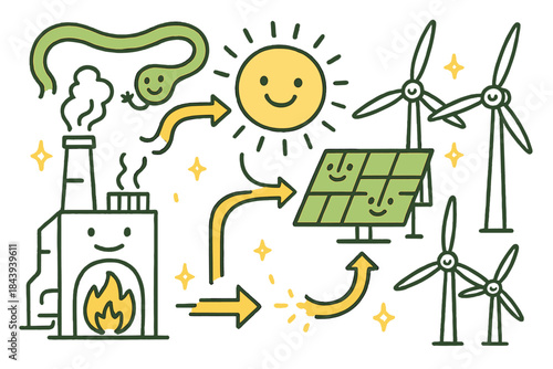 Cheerful Energy Design. Friendly doodle renewable energy schematic with happy incinerators, cartoon gas collection pipes waving,