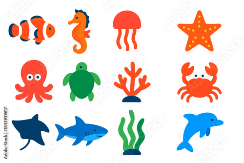 Vibrant Sea Life Icons. Flat vector icons of Underwater Life: clownfish, seahorse, jellyfish, starfish, octopus, sea turtle, coral