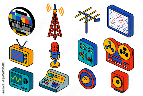 Analog Broadcast Icons. Isometric vector illustration set Analog Broadcast: TV test pattern circle, high broadcast mast, rooftop