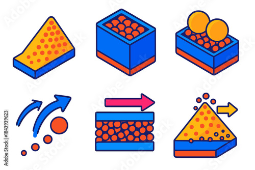 Granular Physics Dynamics. Isometric vector illustration set Physics of granular materials: sand avalanches, jamming transition,