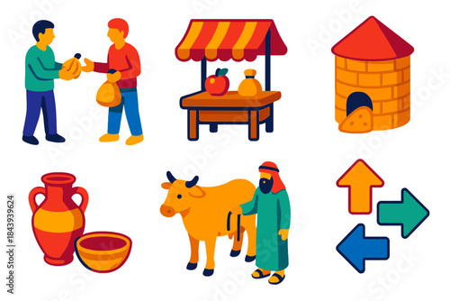 Economic Systems Icons. Isometric vector illustration set Economic Systems: bartering exchange, market stall, communal granary,