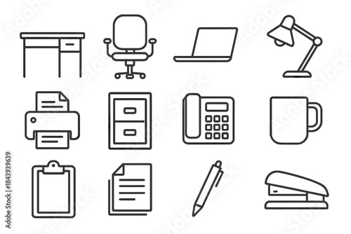 Office Workspace Icons. Line style icons of office workspace: desk, swivel chair, laptop, desk lamp; printer, filing cabinet,