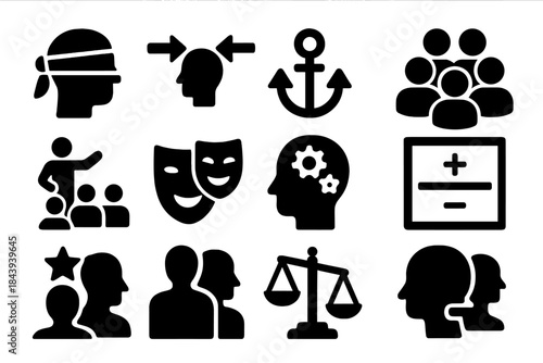 Cognitive Bias Icons. Solid style icons of cognitive biases in deliberation: blindfolded head, confirmation bias arrows, anchoring