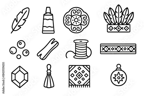 Ceremonial Costume Icons. Line style icons of Ceremonial Costume: Individual Feather, Adhesive, Intricate Design, Headdress; Beads