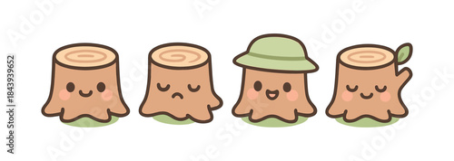 Cute cartoon tree stump characters with various expressions and styles