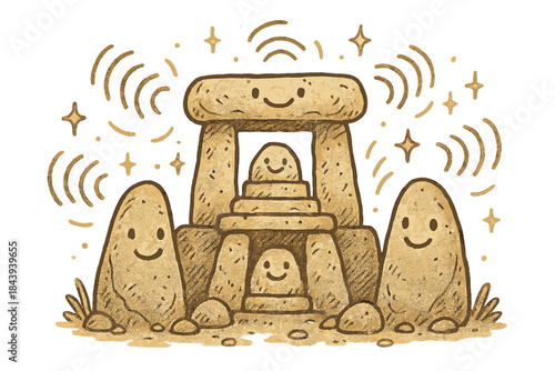 Cheerful Temple Doodle. Whimsical doodle ancient temple with smiling stones, cartoon sound waves bouncing, cheerful megaliths with