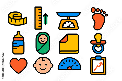 Baby Growth Icons. Flat vector icons of Baby Growth Tracking: measuring tape, growth chart, baby scale, tiny footprint, baby