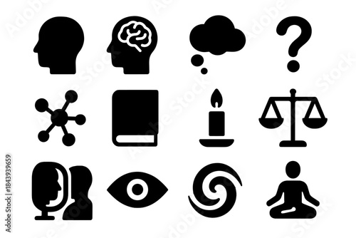 Philosophy of Mind Icons. Solid style icons of philosophy of mind: human head silhouette, abstract brain, thought bubble, question