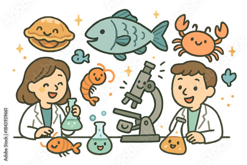Playful Seafood Lab. Friendly doodle seafood innovation lab with happy researchers, cartoon fish and shellfish smiling, cheerful