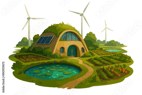 Sustainable Eco-Homestead. Future eco-homestead with windmills spinning, ponds glowing with life, and gardens feeding all